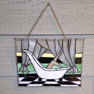 Vintage Legs In Bathtub Checkerboard Tile Staines Glass Panel Wall Hanging